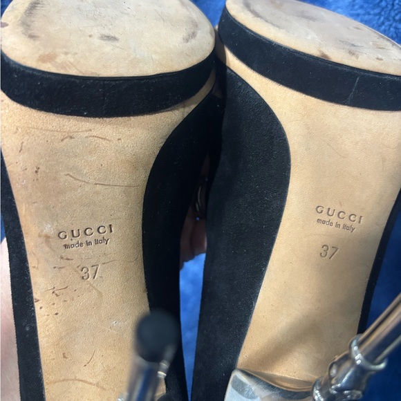 Gucci Debra Black Suede Bamboo Heel Open Toe Pumps - Picture 9 of 10